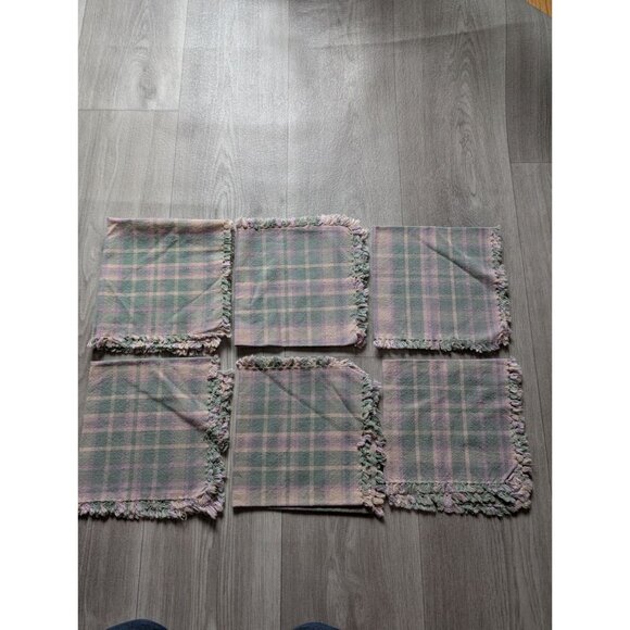 Set Of 6 Vintage Pastel Plaid Fringed Cotton Fabric Napkins 16"x16" Soft Home Dé - Picture 3 of 9